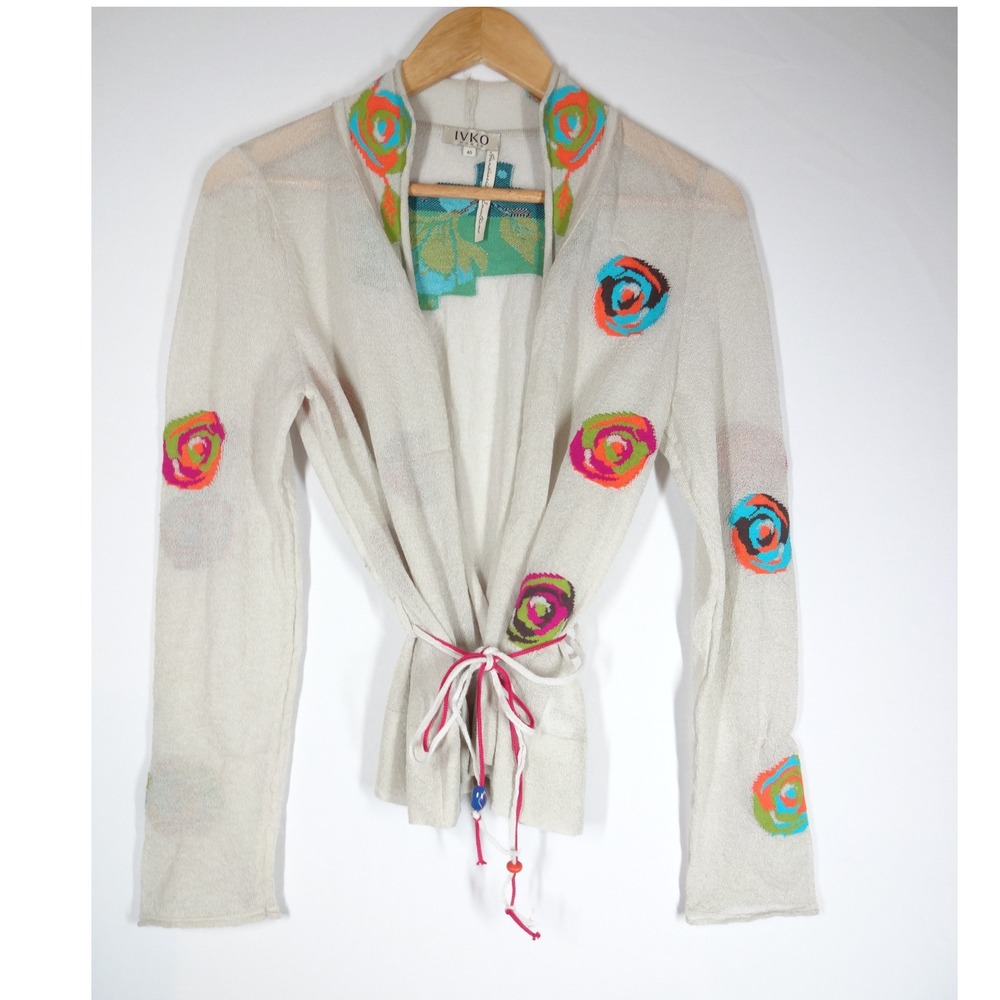 IVKO Cardigan Women 40 Beige Floral Rose Embroidered Boho Art to Wear Sweater